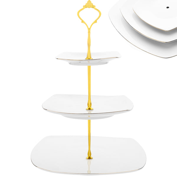 Nyxi 3 Tier Cake Stand White Ceramic Square Plates - Gold Crown Fittings