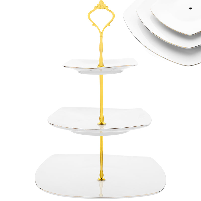 Nyxi 3 Tier Cake Stand White Ceramic Square Plates - Gold Crown Fittings