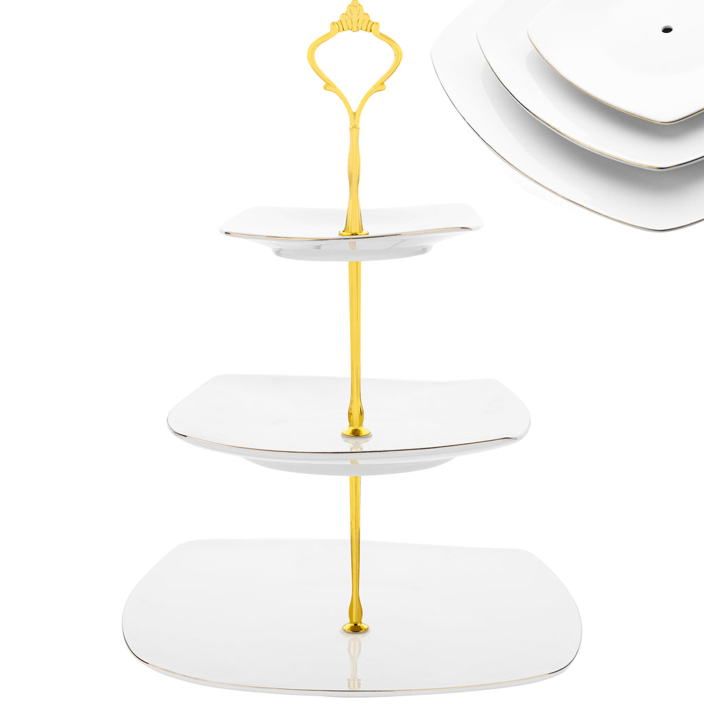 3 Tier Cake Stand White Ceramic Square Plates - Gold Crown Fittings