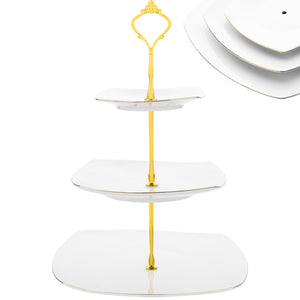 3 Tier Cake Stand White Ceramic Square Plates - Gold Crown Fittings