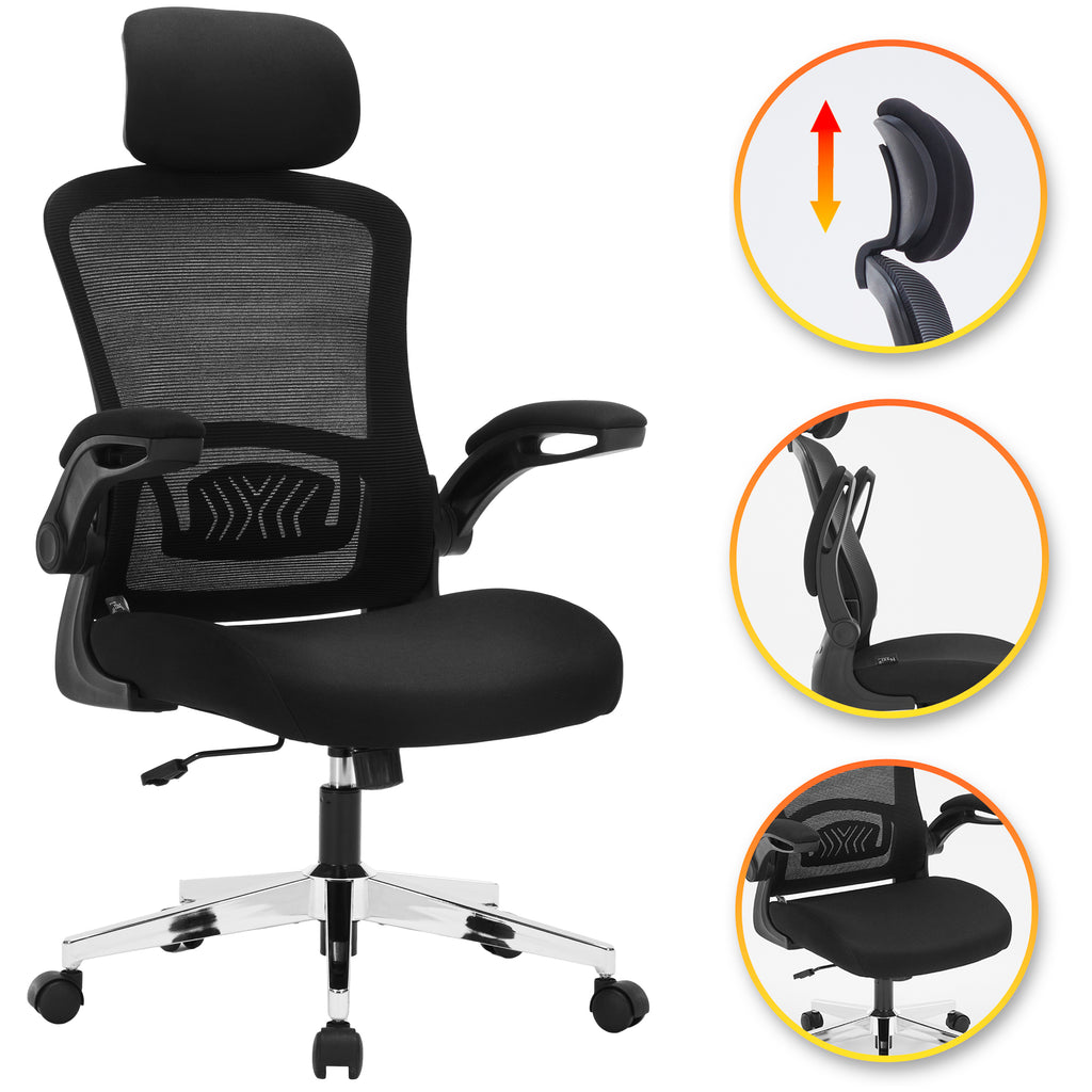 Ergonomic Office Chair for Work, Computer Desk & Study, High Back Mesh Chair with Foldable Armrests (Black, Model 744)