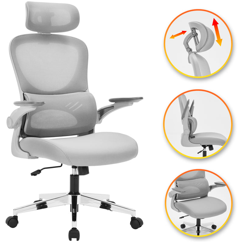 Nyxi Office Chair Ergonomic Computer Desk, Work & Study Chair, High Mesh Back, Foldable 3D Armrests (Grey, Model 775)