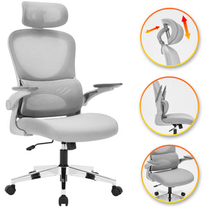 Office Chair Ergonomic Computer Desk, Work & Study Chair, High Mesh Back, Foldable 3D Armrests (Grey, Model 775)