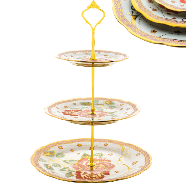 Nyxi Ceramic 3 Tier Floral Cake Stand (Gold)