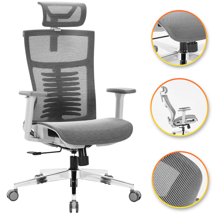 Office Chair Premium Ergonomic Mesh Seat, 3D Armrests, Headrest & Lumbar Support, 3-Angle Locking (Grey)