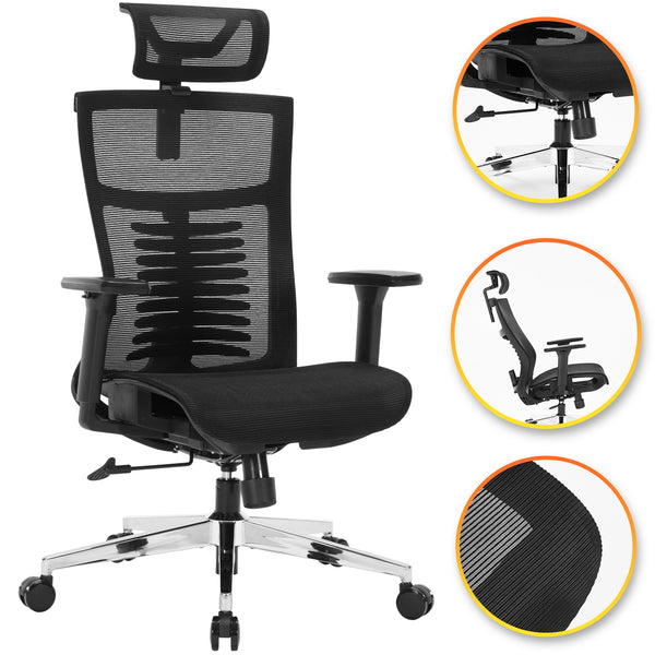 Nyxi Office Chair Premium Ergonomic Mesh Seat, 3D Armrests, Headrest & Lumbar Support, 3-Angle Locking (Black)