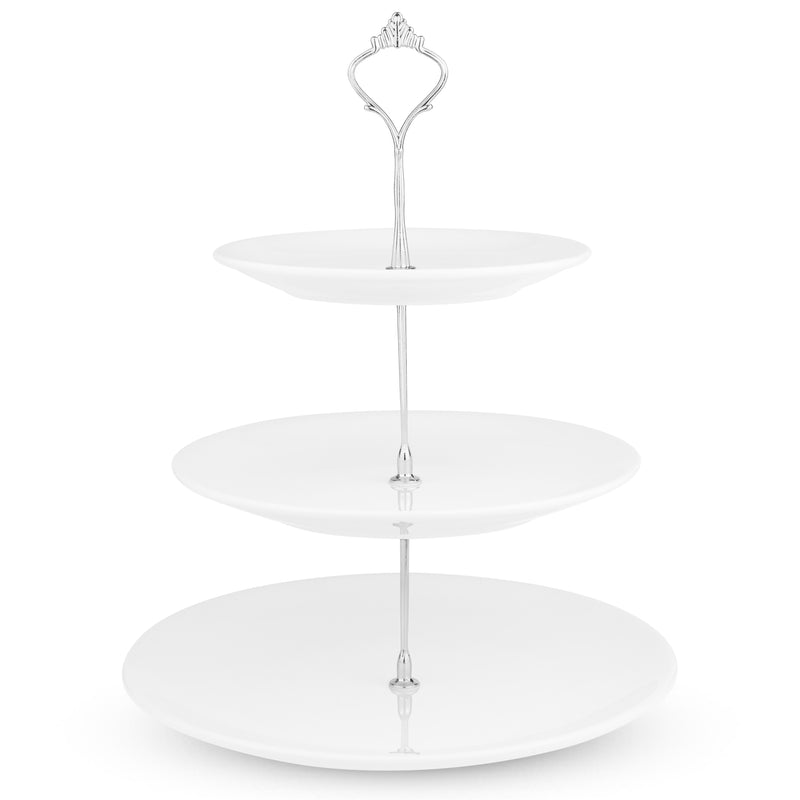 Nyxi White Ceramic 3 Tier Cake Stand Round Display with New Silver Fittings