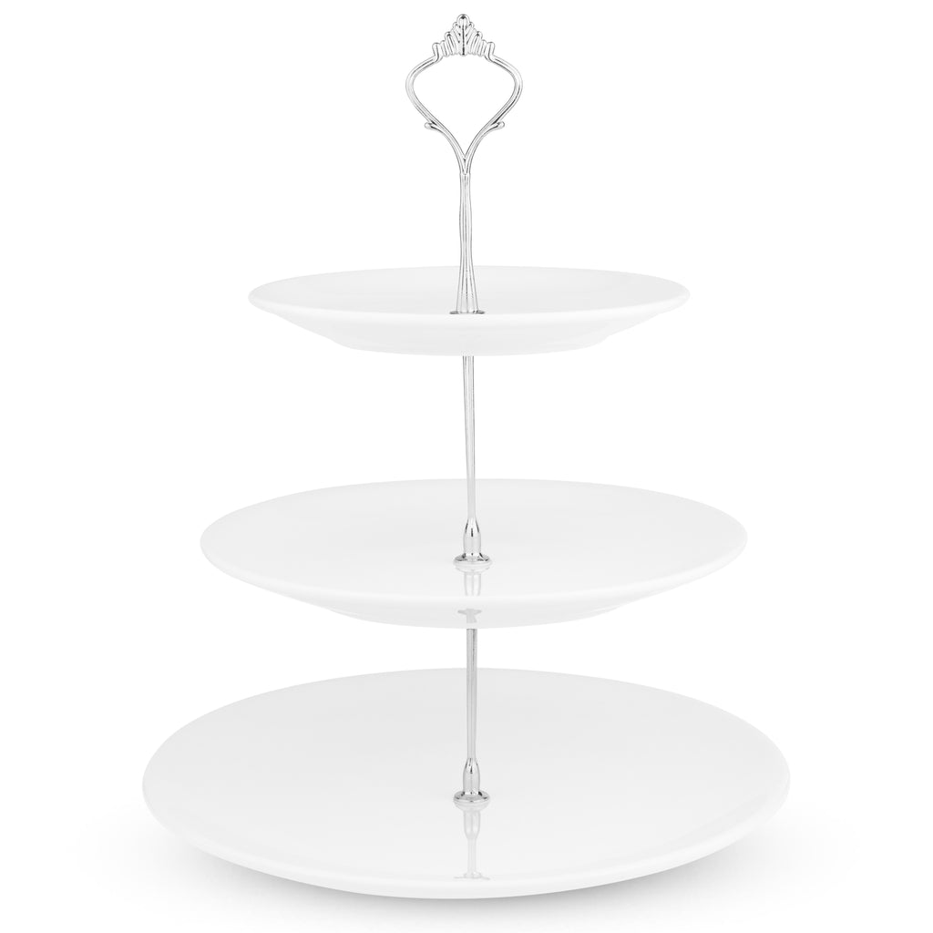 White Ceramic 3 Tier Cake Stand Round Display with New Silver Fittings