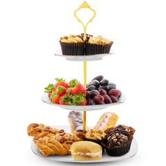 Nyxi 3 Tier Cake Stand White Ceramic Square Plates - Gold Crown Fittings