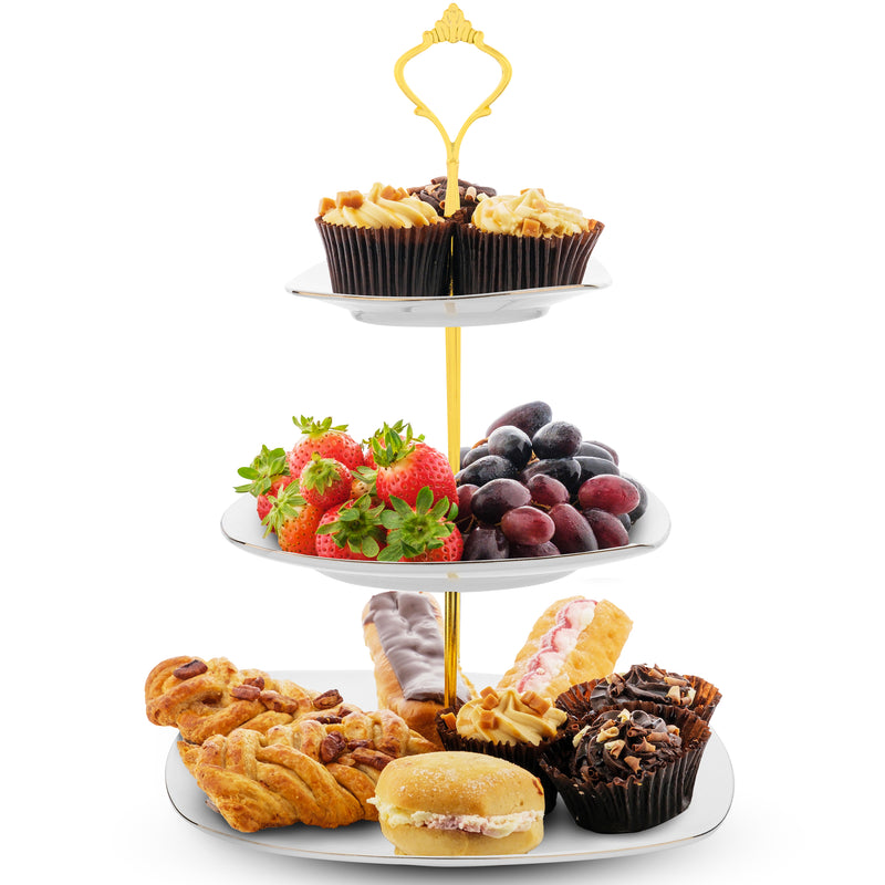 Nyxi 3 Tier Cake Stand White Ceramic Square Plates - Gold Crown Fittings