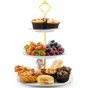 3 Tier Cake Stand White Ceramic Square Plates - Gold Crown Fittings