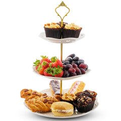 Nyxi 3 Tier Cake Stand White Ceramic Round Plates - Gold Fittings & Gift Box