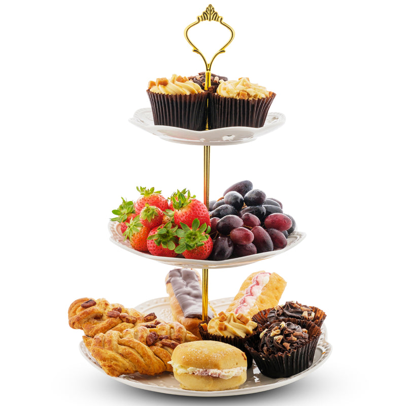 Nyxi 3 Tier Cake Stand White Ceramic Round Plates - Gold Fittings & Gift Box