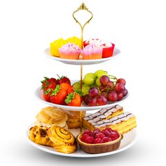 Nyxi White Ceramic 3 Tier Cake Stand Round Display with New Gold Fittings