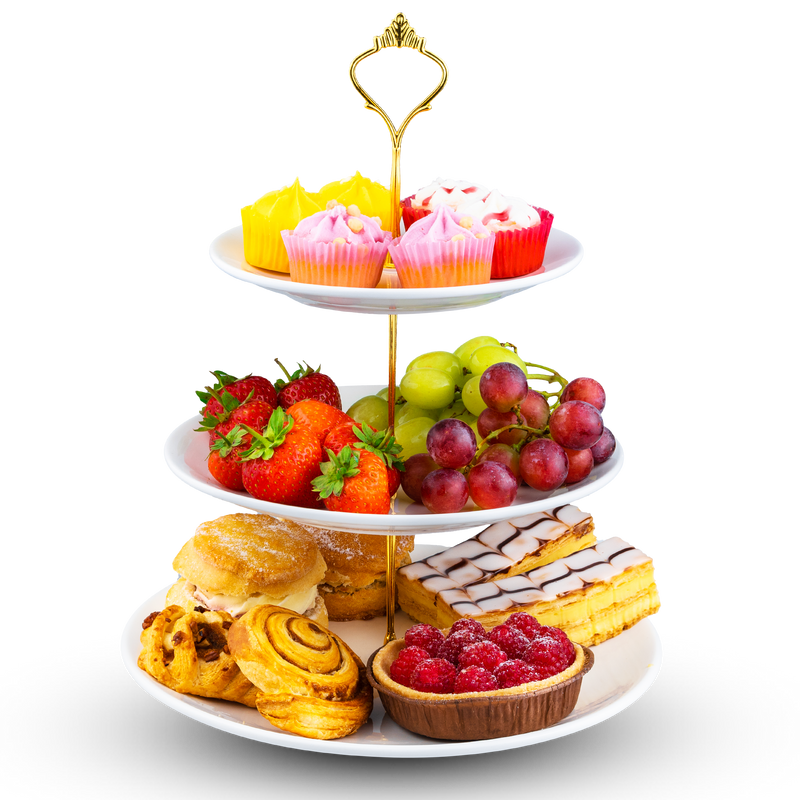 Nyxi White Ceramic 3 Tier Cake Stand Round Display with New Gold Fittings