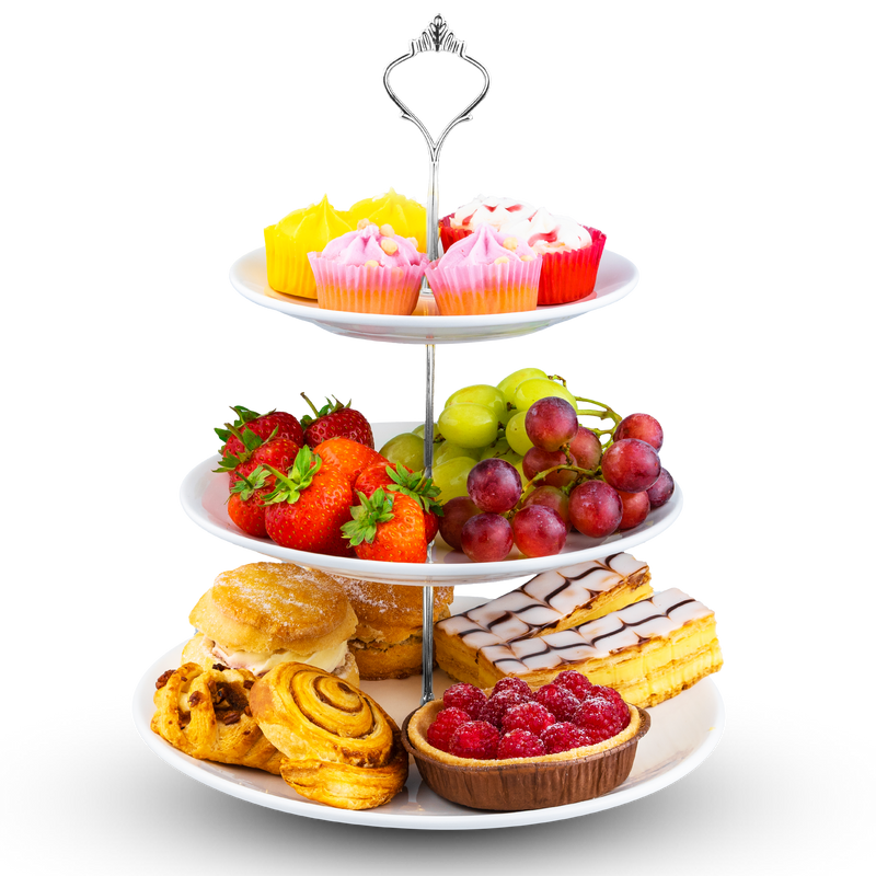 Nyxi White Ceramic 3 Tier Cake Stand Round Display with New Silver Fittings