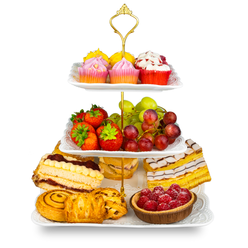 Nyxi Square Ceramic 3 Tier Cake Stand with Gold Fittings