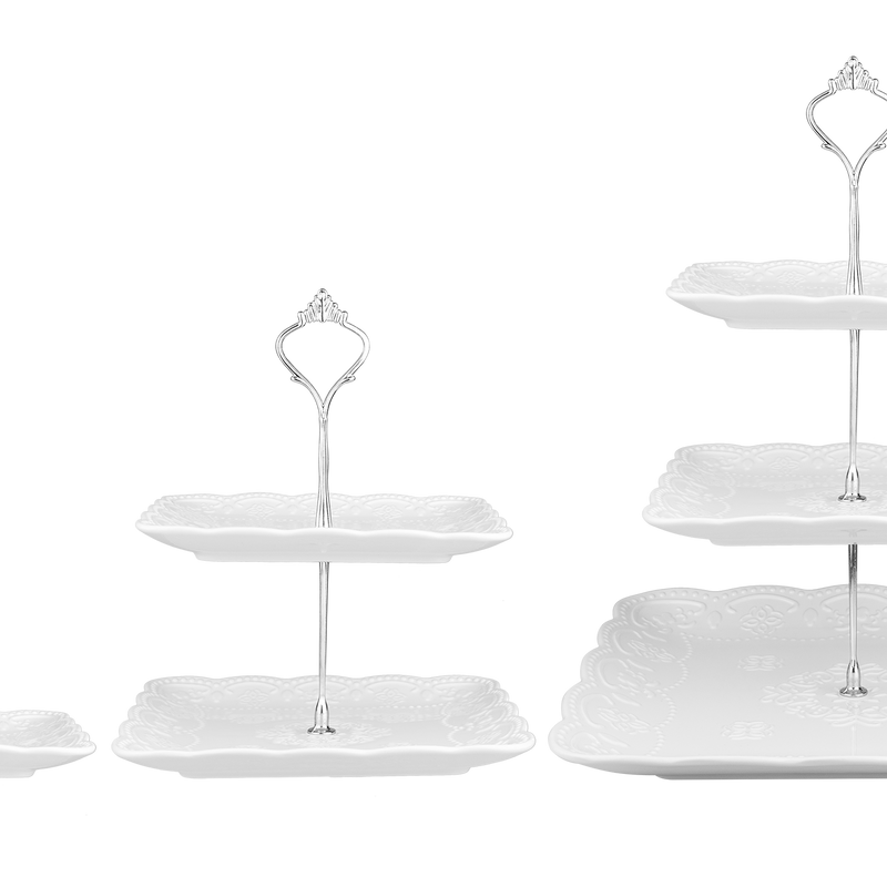 Nyxi Square Ceramic 3 Tier Cake Stand Silver Fittings
