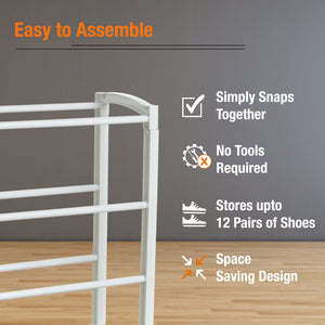 4 Tier Shoe Rack Extendable & Stackable, White, Holds 12 Pairs