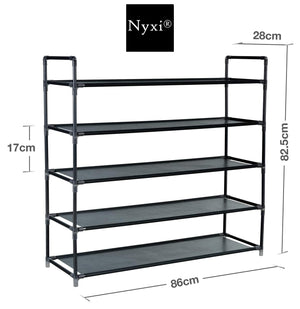 Nyxi 5 Tier, 25 Pairs Shoe Rack Multipurpose in Black & Grey Colours L 86cm x (W) 28cm x (H) 82.5cm (Black)