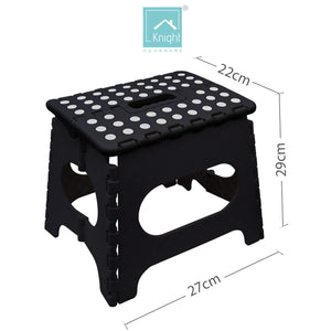 Knight Plastic Folding Step Stool, Strong Heavy Duty Skid Resistant Stool for Kids and Adults, White Black Grey, H29 x L27 x W22 CM (Black)