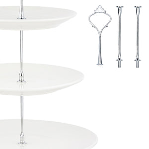 Nyxi White Ceramic Cake Stand Porcelain Round Display with New Fittings (3 Tier Stand - Silver)