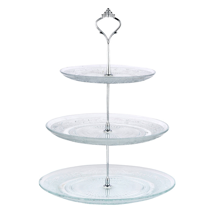 Nyxi 3 Tier Embossed Glass Cake Stand Round Display with New Fittings