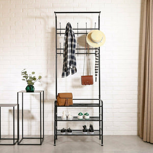 Metal Hat and Coat Stand Clothes Shoe Rack Hanger Hooks Shelf Black or White