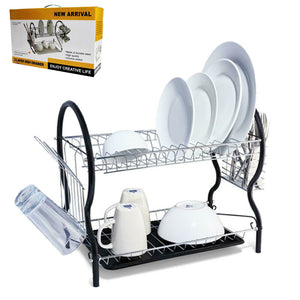 2 Tier Dish Drainer Metal Wire Cutlery Draining Holder Plate Rack Kitchen Sink