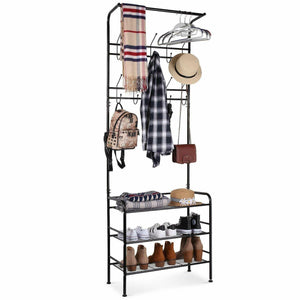 Metal Hat and Coat Stand Clothes Shoe Rack Hanger Hooks Shelf Black or White